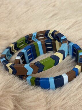 Roxanne Assoulin Enamel Tile Stretch Bracelet Set of 2 Navy Blue Chevron Gold